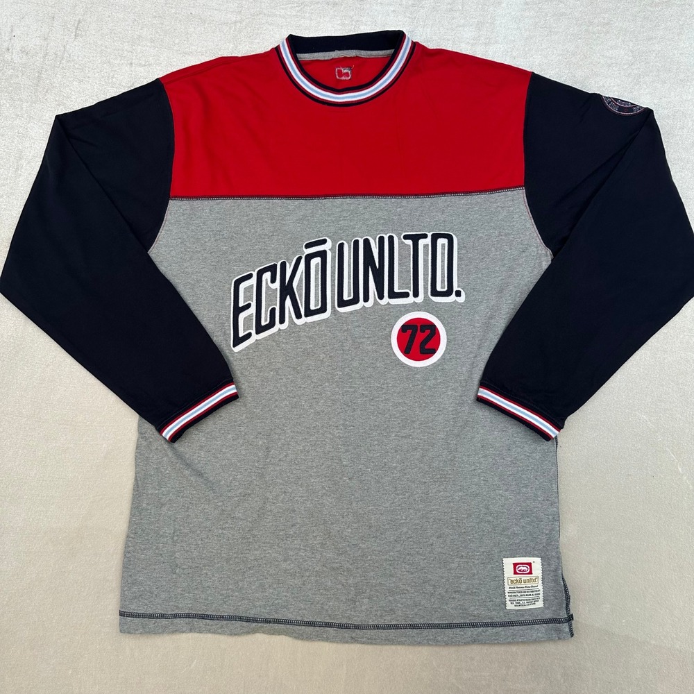 Ecko Unltd 72 Long Sleeve Shirt Men's XL Gray Red Black Y2K Jersey
